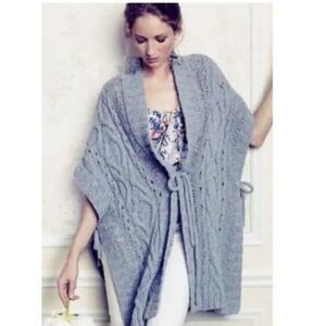 Sleeping On Snow Anthropologie Chunky Knit Tie Poncho Wool Angora Blend Gray OS